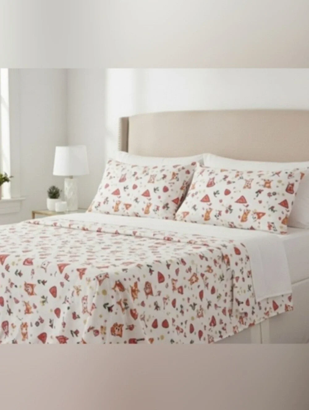 NWT! Cath Kidston Corgi Dogs Royal Ditsy Ruby Queen Size Sheet Set - 100% Cotton
